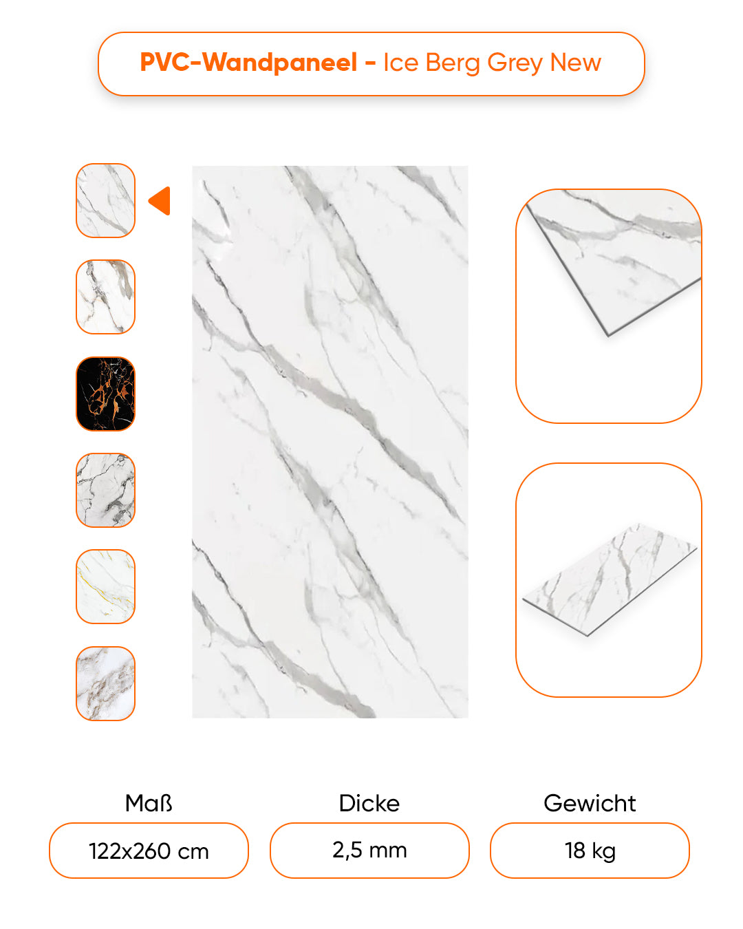 Marmoroptik Alternative zu Badfliese/Küchenfliese Ice Berg Grey New 122x260 cm