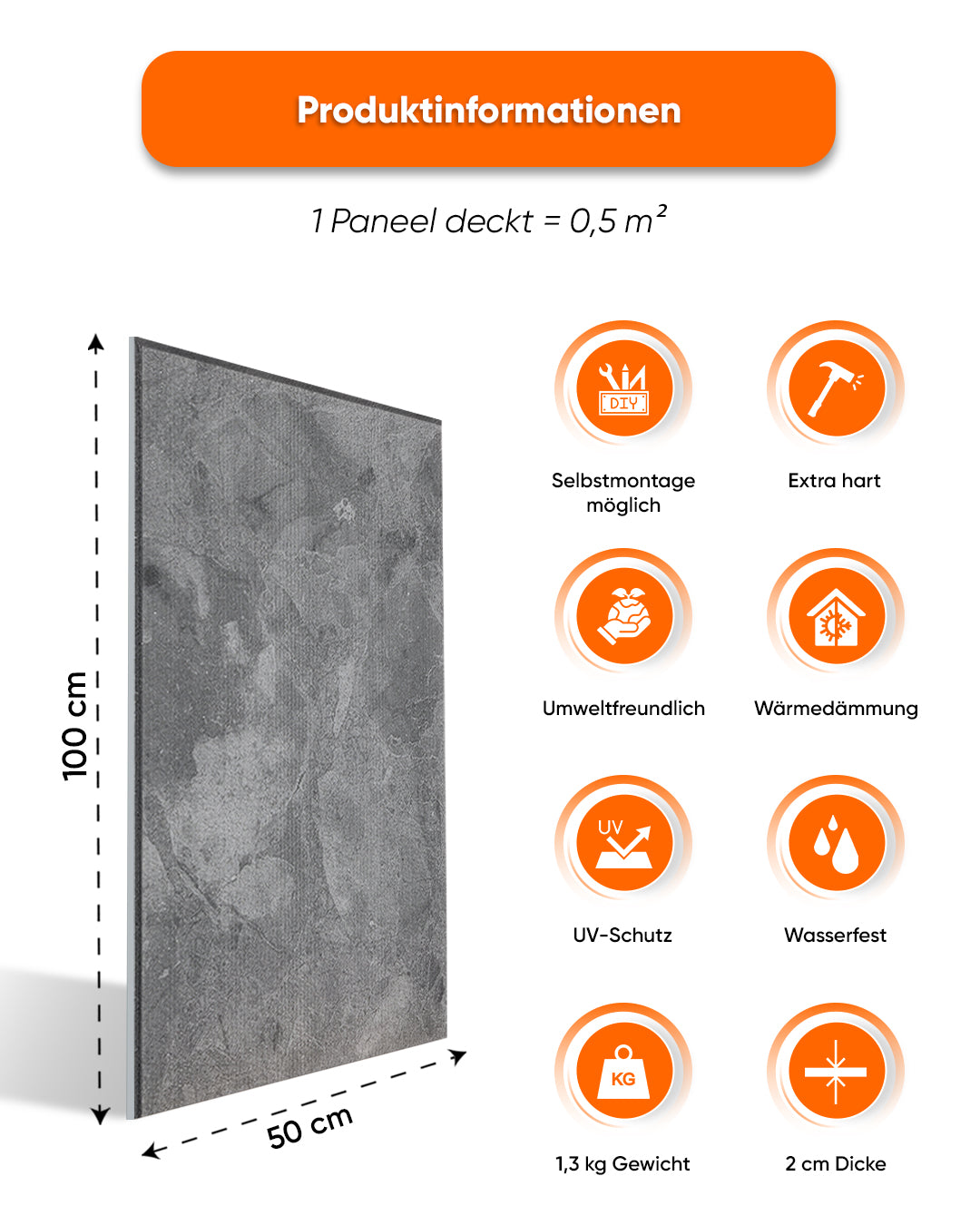 Wandverkleidung Betonoptik 50×100×2 cm | 3D Wandpaneele aus Styropor | Storm Grey Concrete AT-04