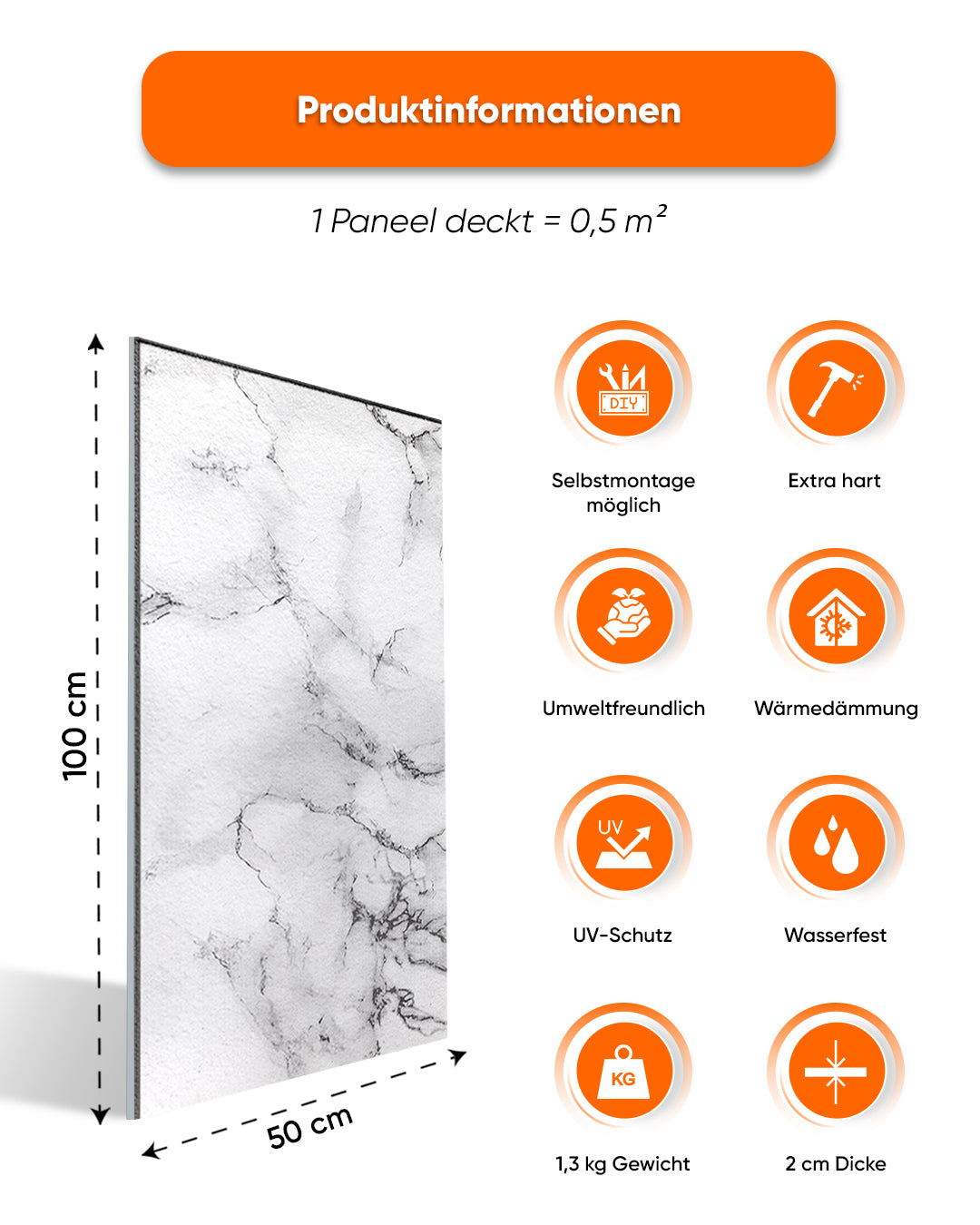 Wandverkleidung Marmoroptik 50×100×2 cm | 3D Wandpaneele aus Styropor | Carrara Weiß AT-05