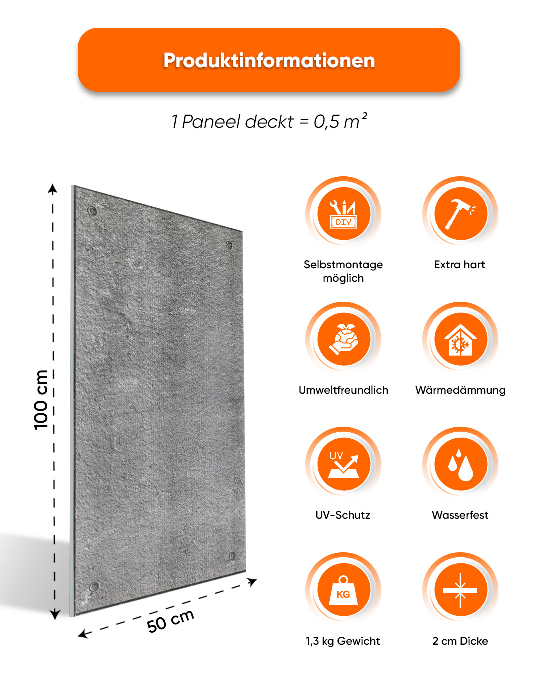 Wandverkleidung Betonoptik 50×100×2 cm | 3D Wandpaneele aus Styropor | Dark Concrete AT-17