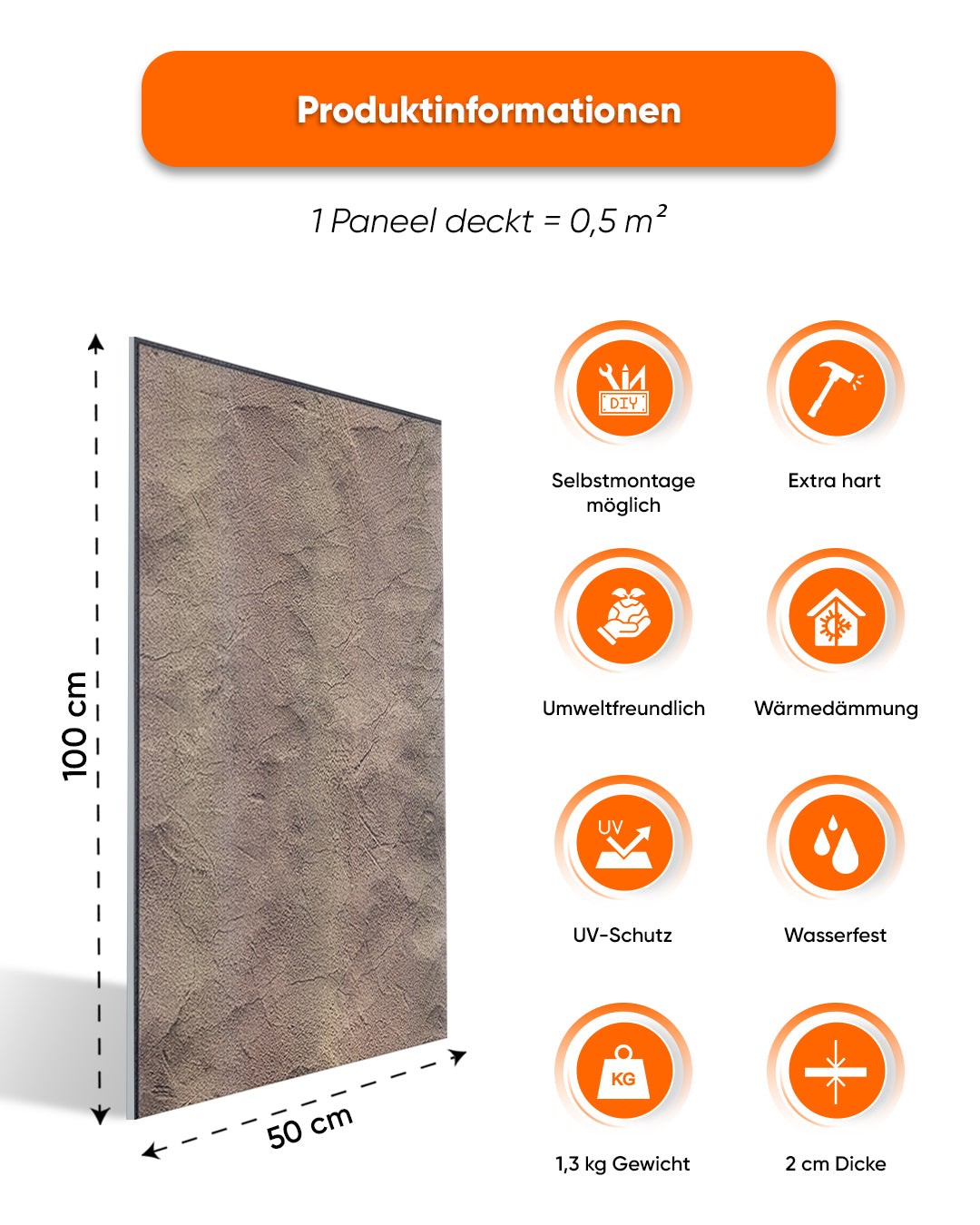 Wandverkleidung Betonoptik 50×100×2 cm | 3D Wandpaneele aus Styropor | Desert Concrete AT-25