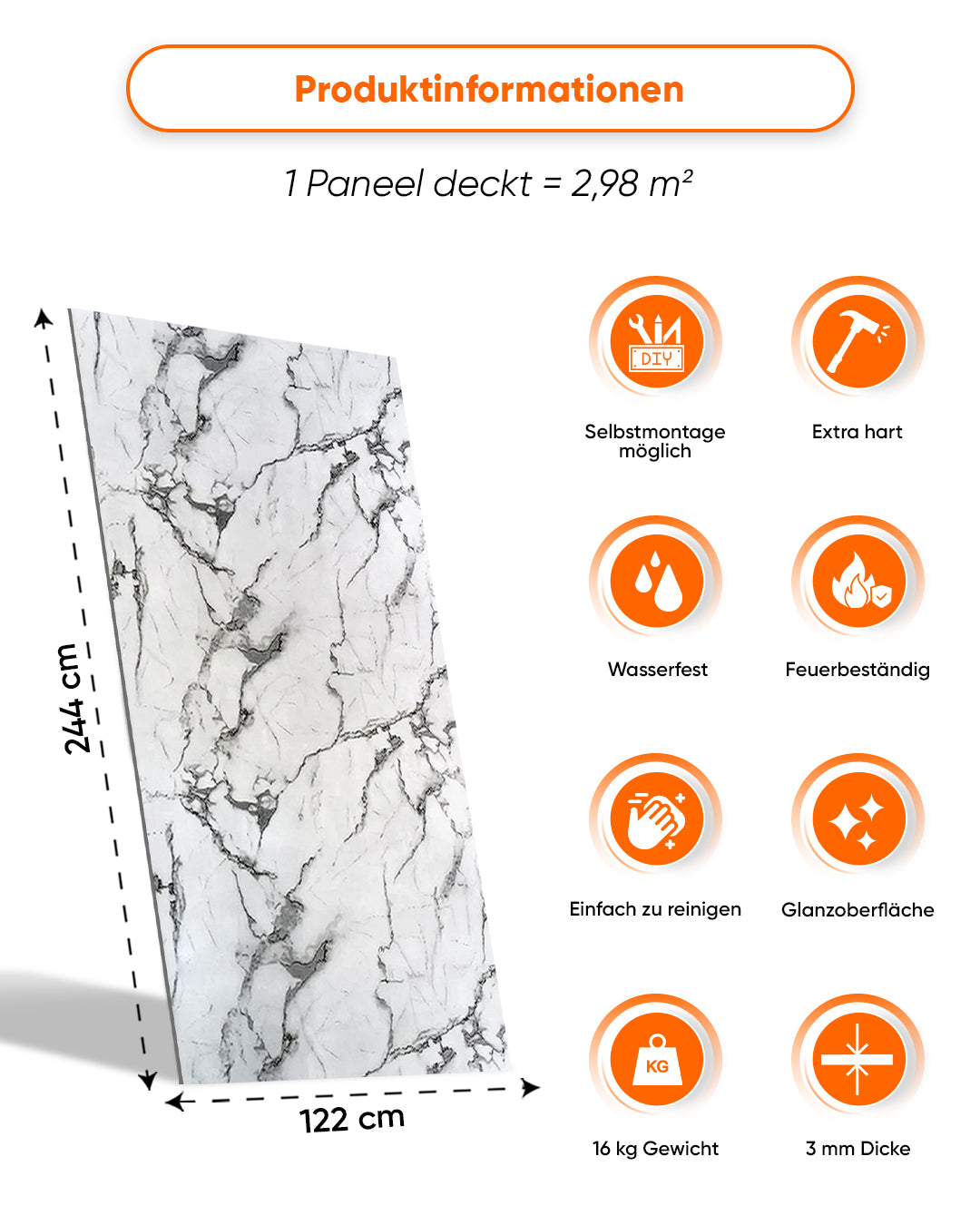 Produktinformationen zu Wandpaneele Marmoroptik 122x244 cm, PVC Wandverkleidung, Arctic Breeze V-13.