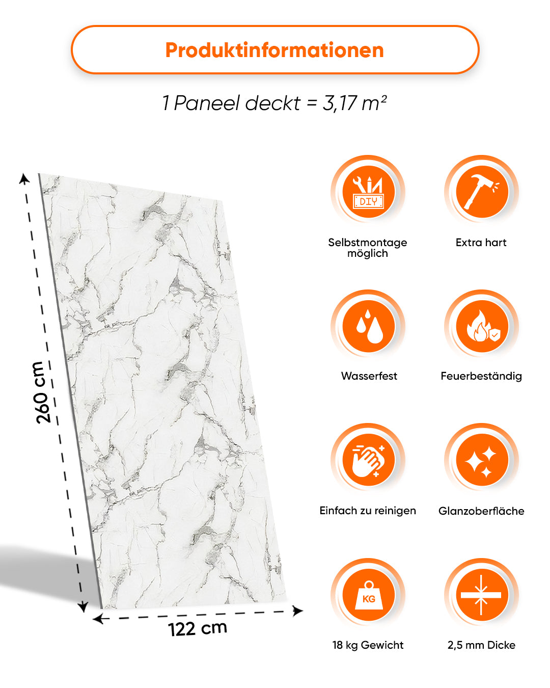 Wandpaneele Marmoroptik 122x260 cm mit glänzender Oberfläche und Produktinformationen zur PVC Wandverkleidung Arctic Breeze.