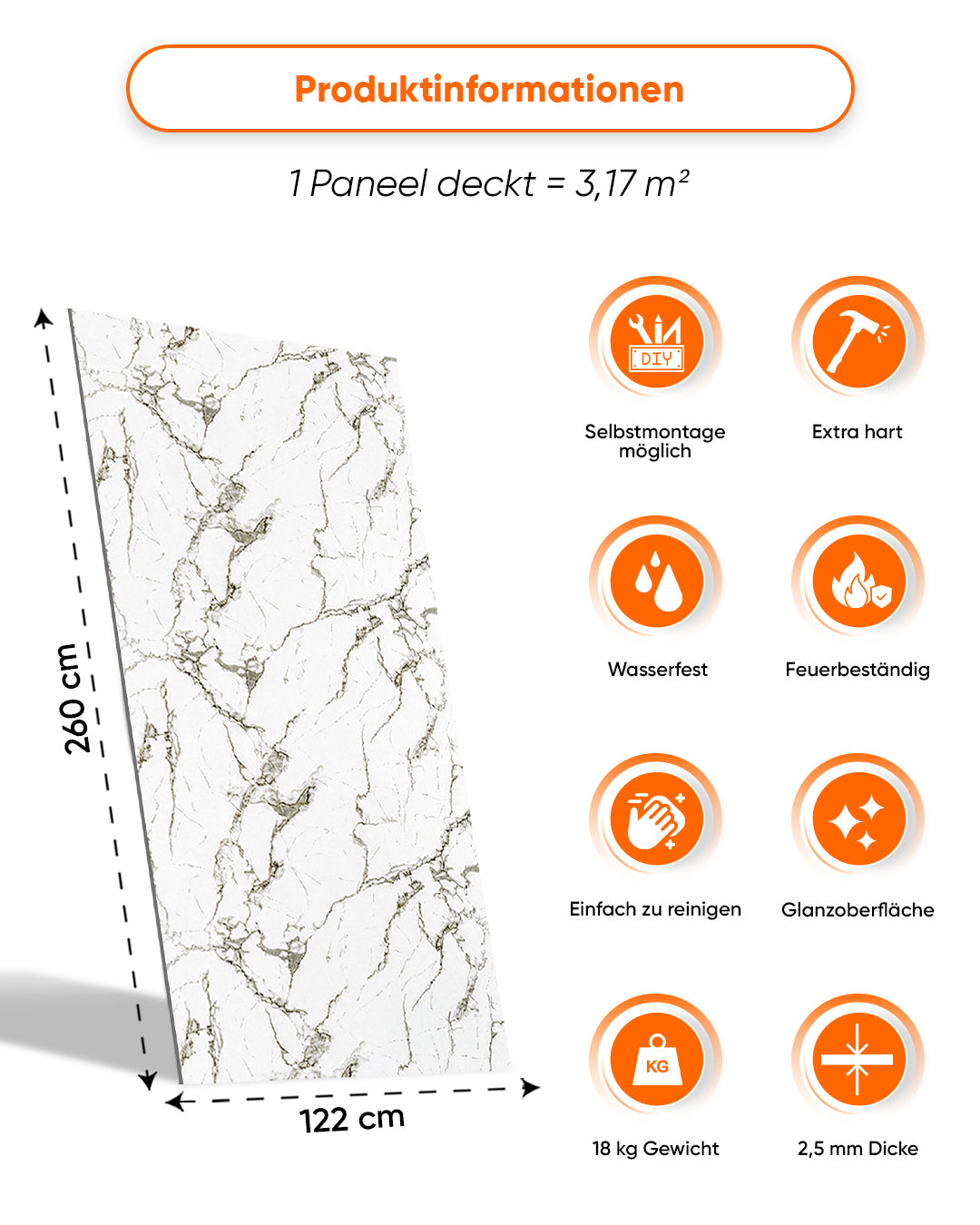 Wandpaneele Marmoroptik 122x260 cm | PVC Marmor Wandverkleidung | Arctic Breeze