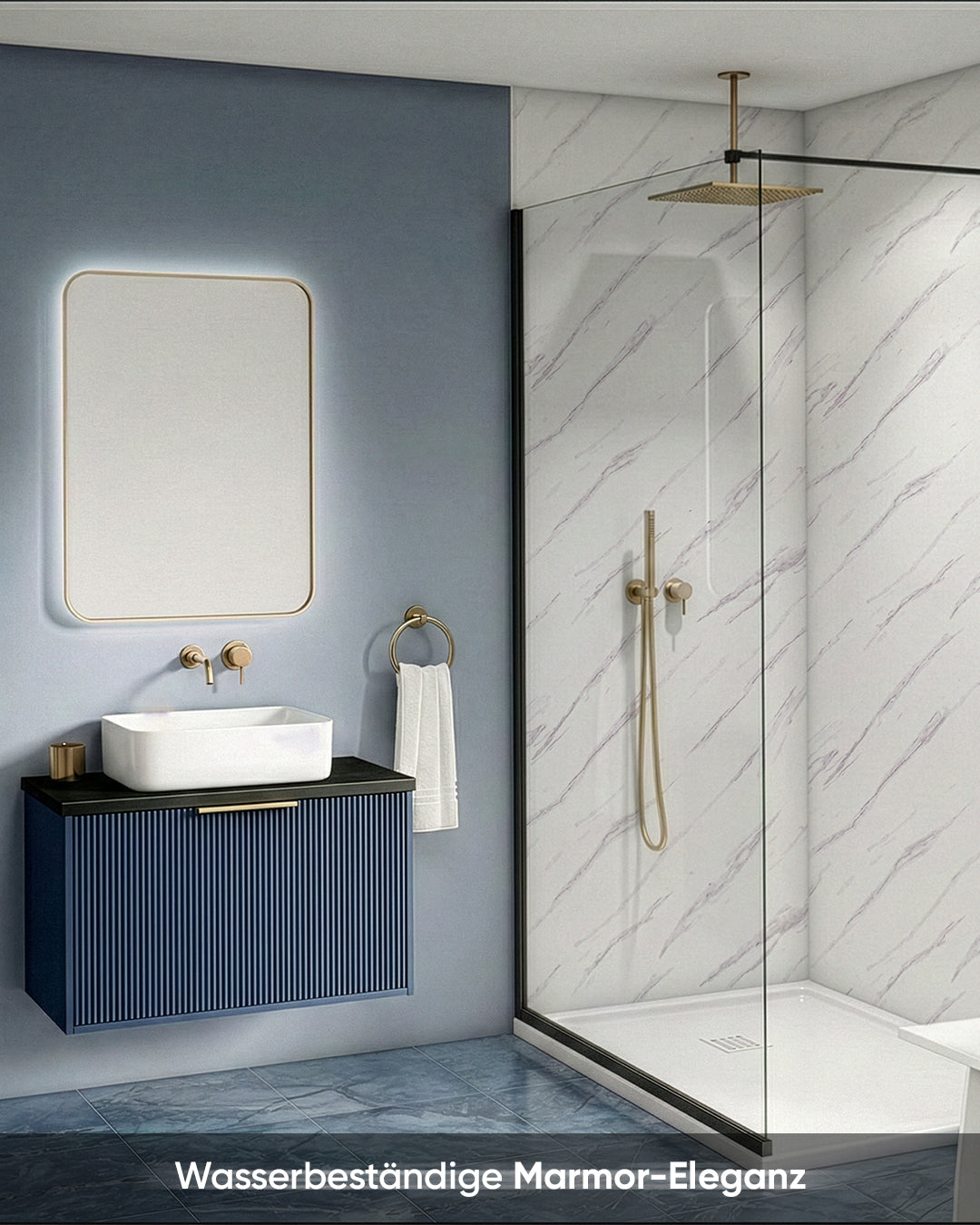 Wandpaneele Marmoroptik 122x260 cm | PVC Marmor Wandverkleidung | Ice Berg Grey im modernen Badezimmer