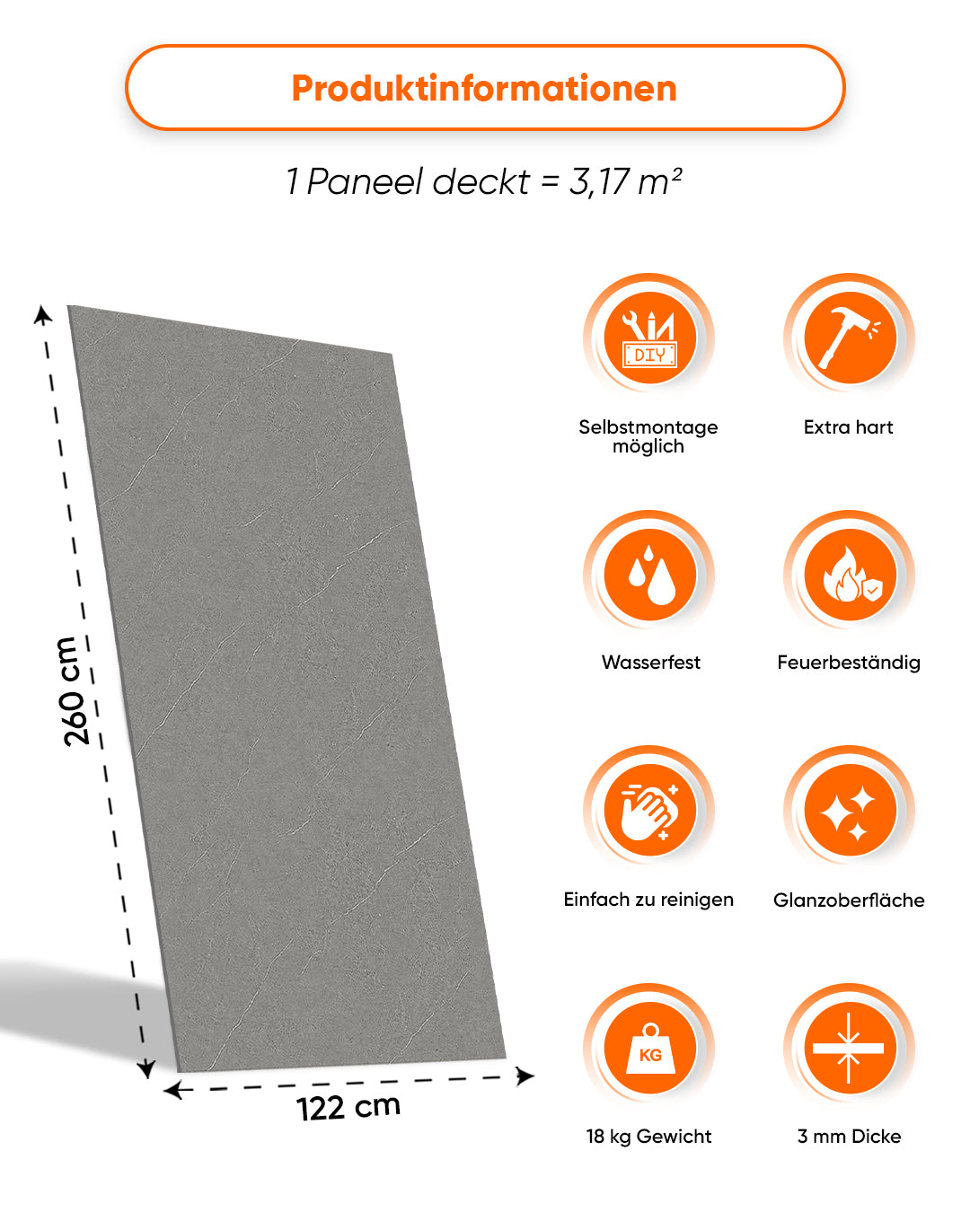 Wandpaneele Marmoroptik 122x260 cm | PVC Marmor Wandverkleidung | Urban Concrete
