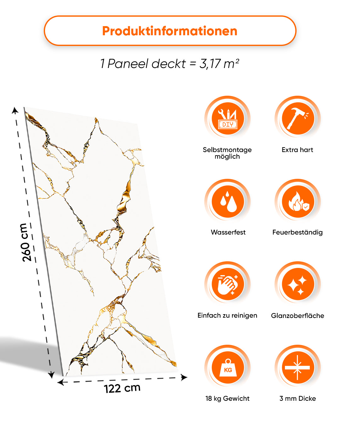 Wandpaneele Marmoroptik 122x260 cm | PVC Marmor Wandverkleidung | Calacatta Gold