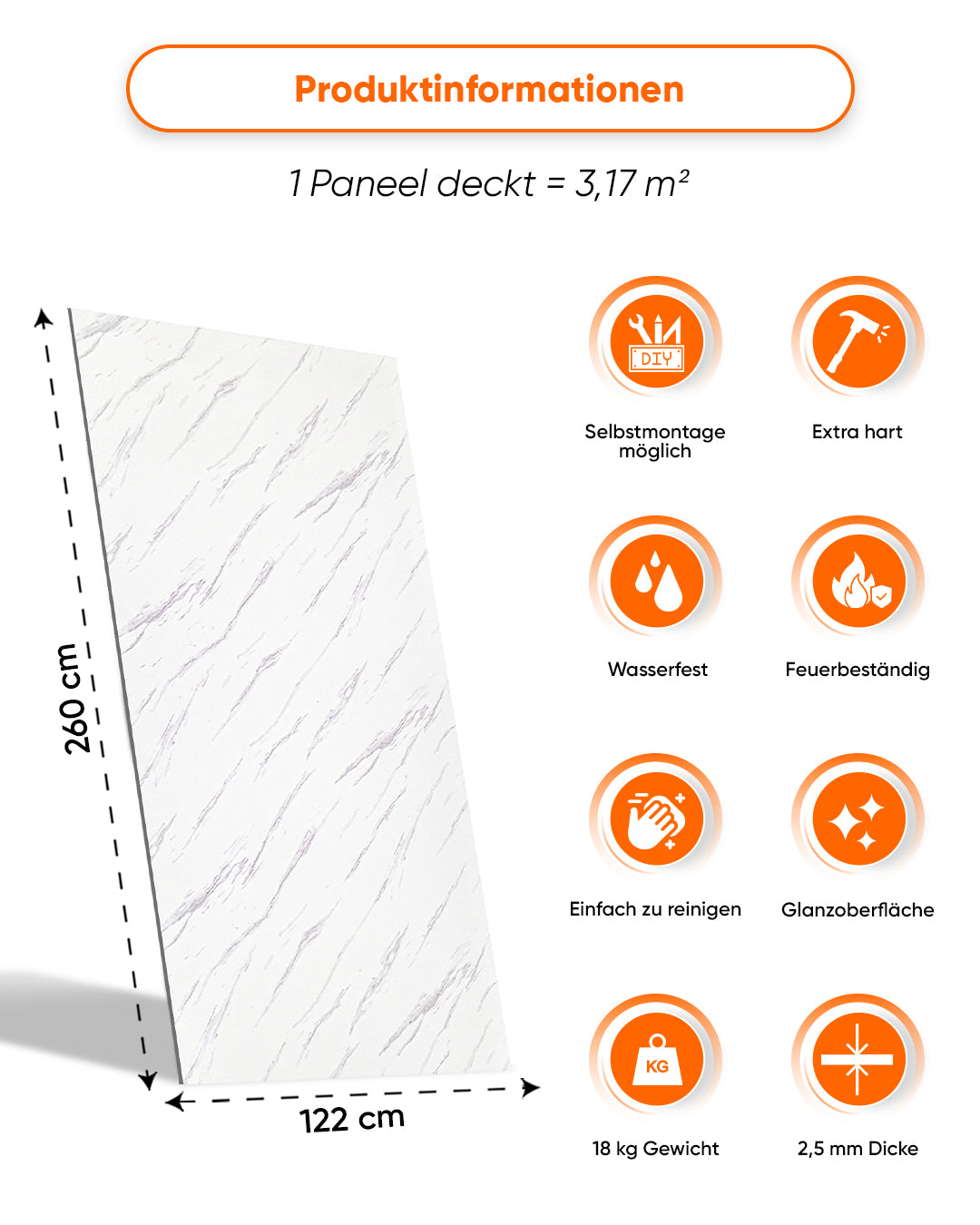 Wandpaneele Marmoroptik 122x260 cm Produktinformationen, PVC Wandverkleidung Ice Berg Grey, glänzende Oberfläche, 18 kg Gewicht