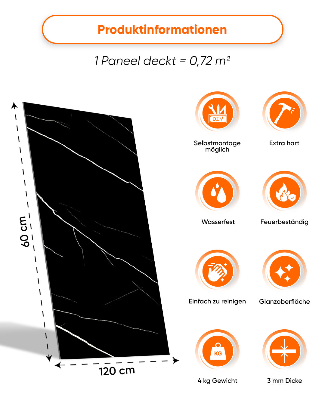 Wandpaneele Marmoroptik 60x120 cm | PVC Marmor Wandverkleidung | Black Lightning V-02