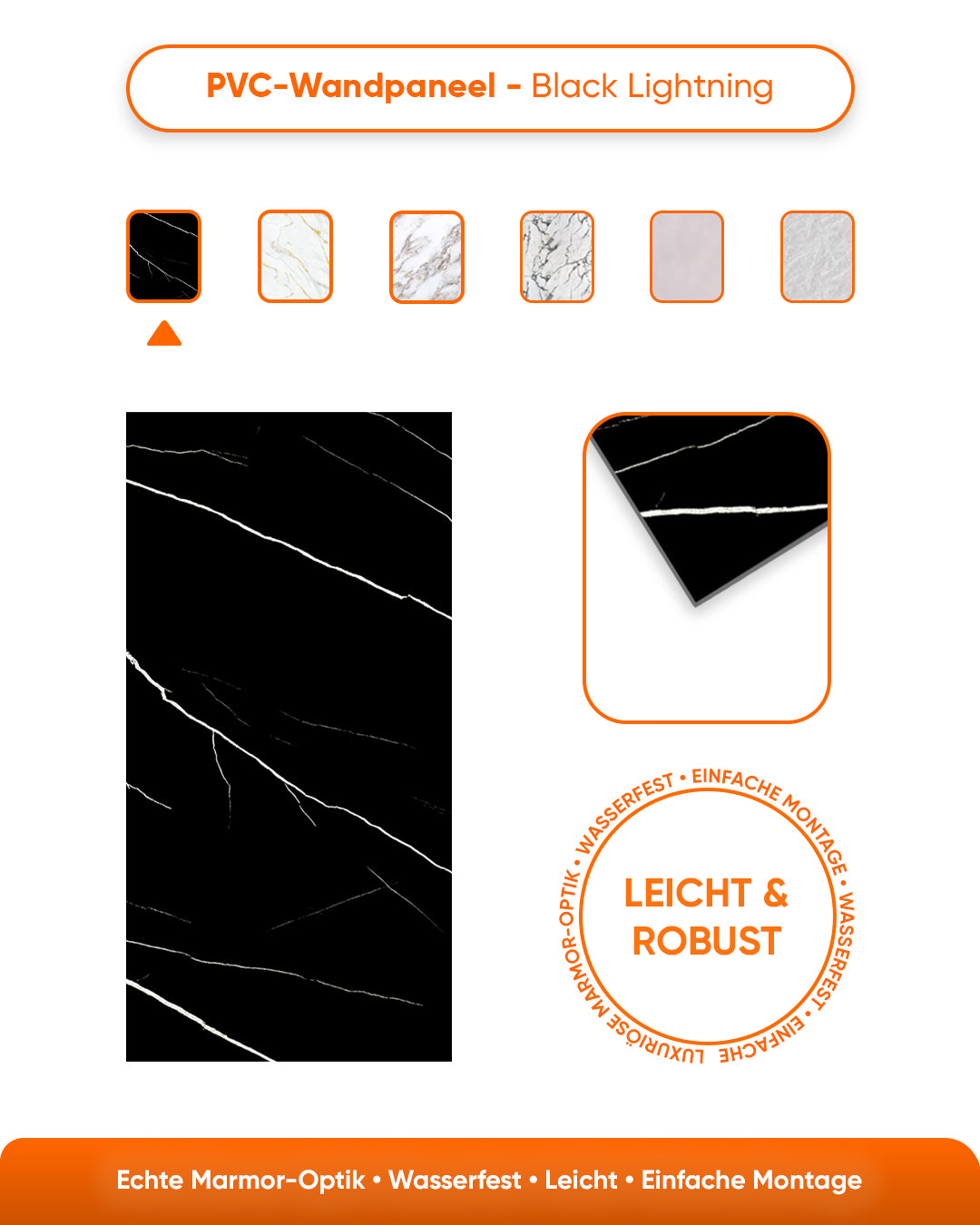 Wandpaneele Marmoroptik 60x120 cm | PVC Marmor Wandverkleidung | Black Lightning V-02