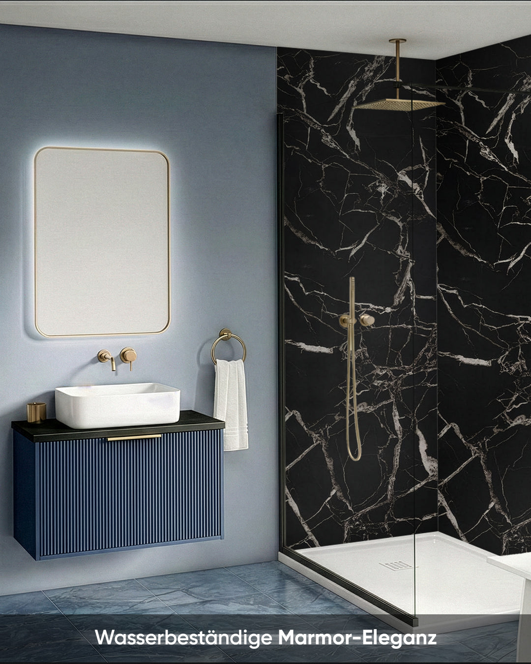 Wandpaneele Marmoroptik 122x244 cm in elegantem Badezimmer mit Dusche und stylischem Waschbecken.