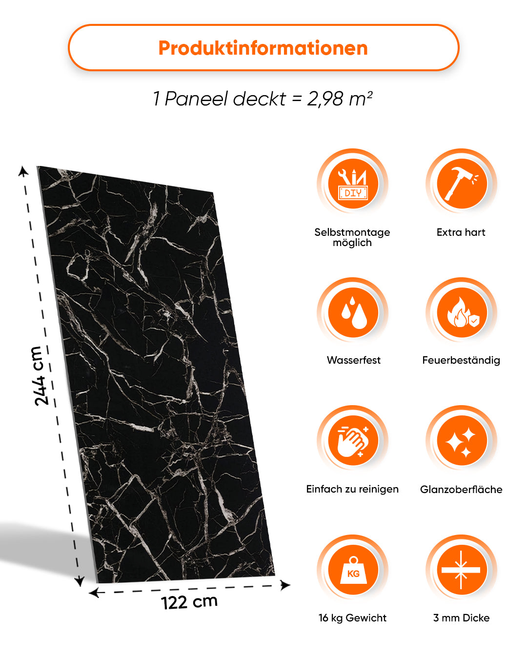 Wandpaneele Marmoroptik 122x244 cm, PVC Marmor Wandverkleidung in Schwarz-Weiß, Produktinformationen und Merkmale.