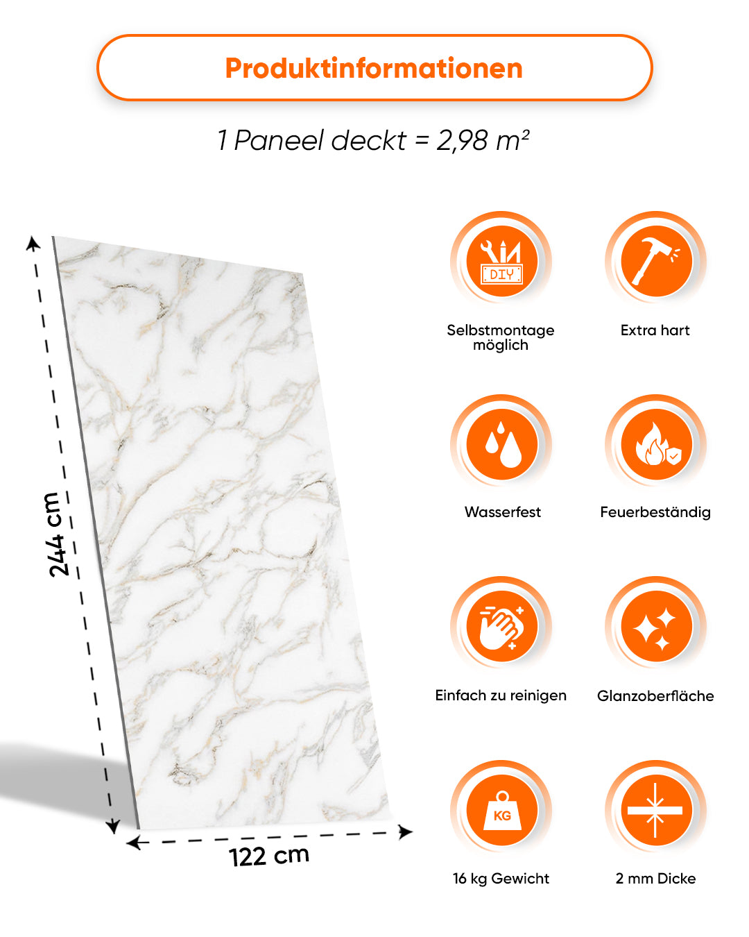 Wandpaneele Marmoroptik 122x244 cm | PVC Marmor Wandverkleidung | Calacada