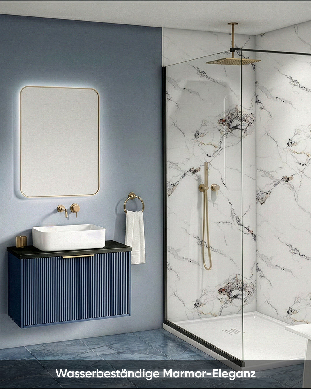 Wandpaneele Marmoroptik 122x260 cm in modernem Badezimmer mit wasserdichter Marmor-Eleganz.