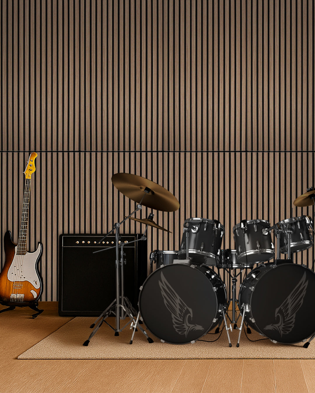 3D Akustik Wandpaneel Holz 4er Set – 120×60×2,1 cm – Dark Walnut