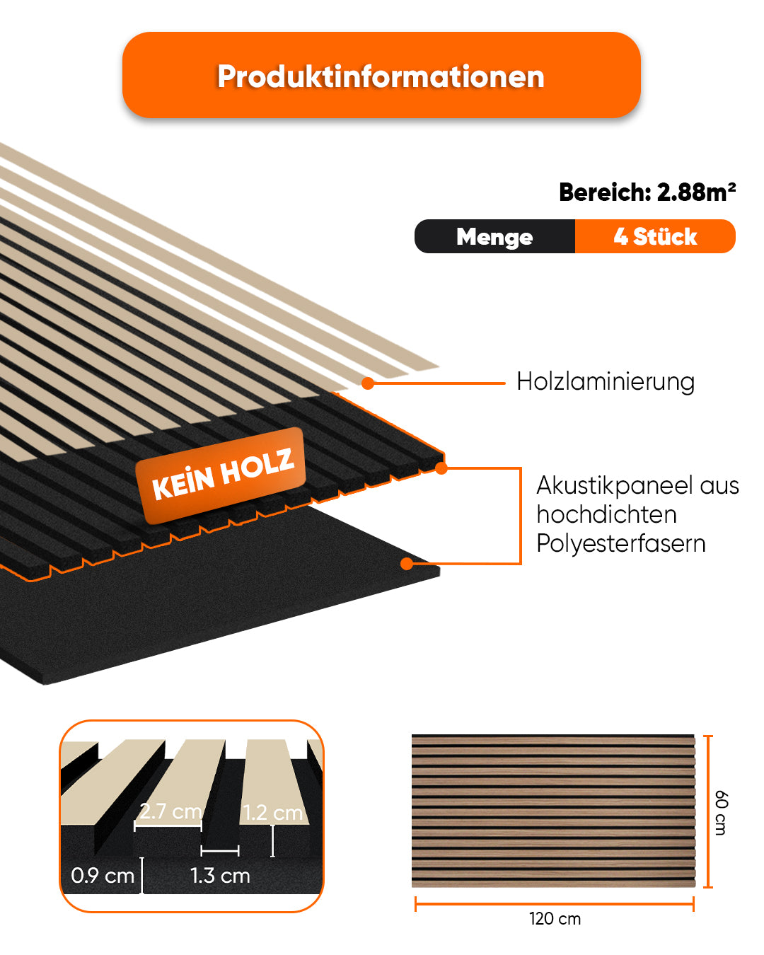 3D Akustik Wandpaneel Holz 4er Set – 120×60×2,1 cm – Dark Walnut