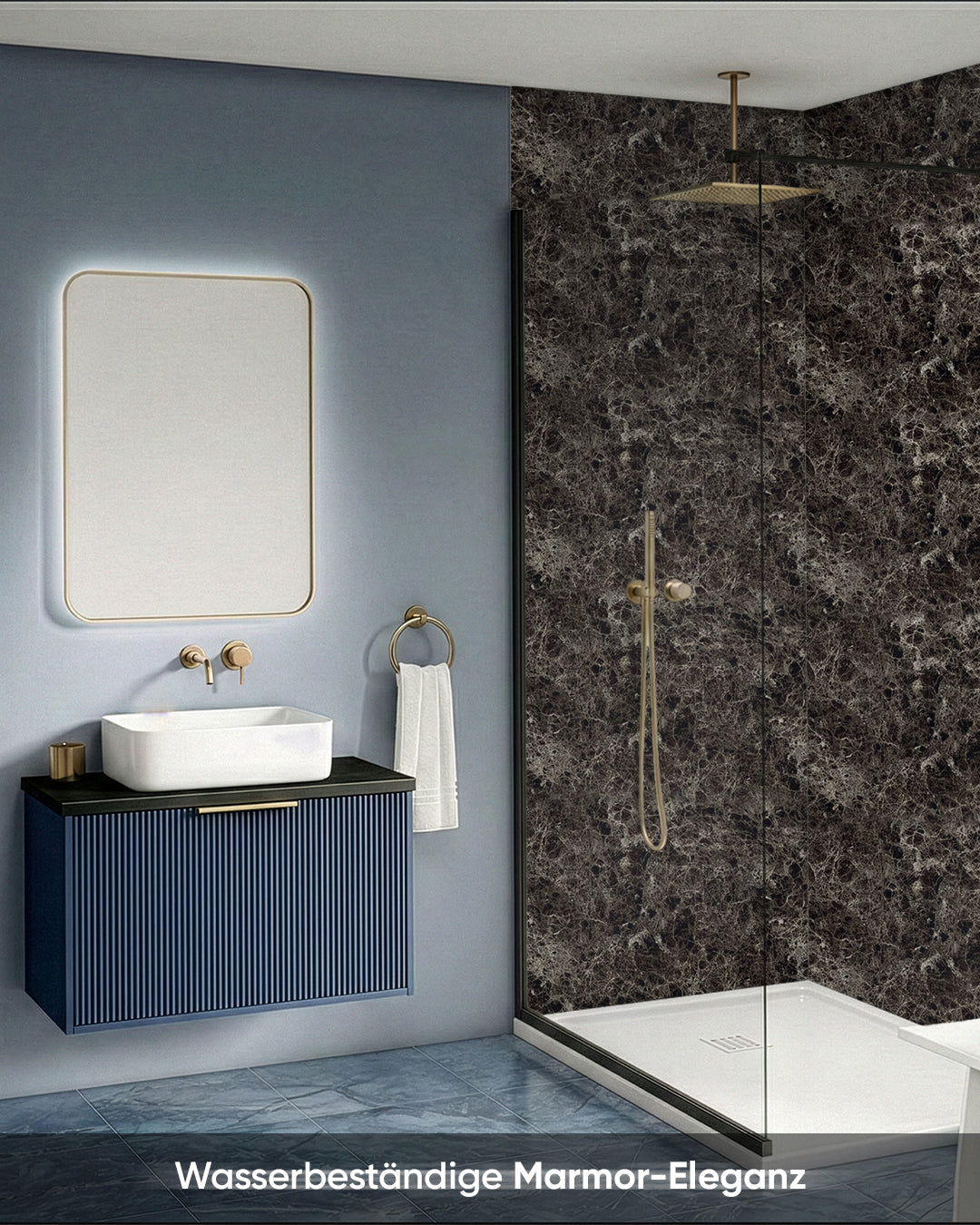 Wandpaneele Marmoroptik 60x120 cm Emperador Dark in einem modernen Badezimmer mit Wasserbeständigkeit.