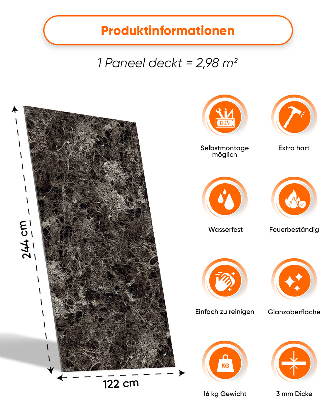 Wandpaneele Marmoroptik 122x244 cm mit Informationen zu Maß, Gewicht und Eigenschaften wie Wasserfestigkeit und Feuerbeständigkeit.
