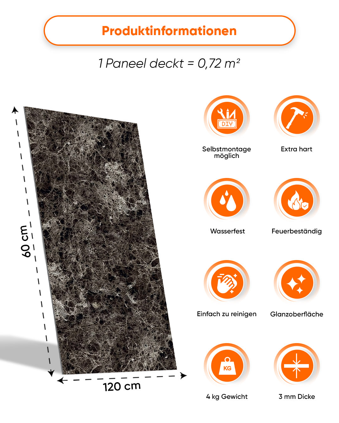 Wandpaneele Marmoroptik 60x120 cm | PVC Marmor Wandverkleidung | Emperador Dark