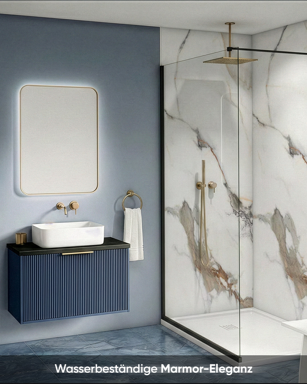 Wandpaneele Marmoroptik 122x244 cm in modernem Badezimmer mit wasserbeständiger Marmor-Eleganz.