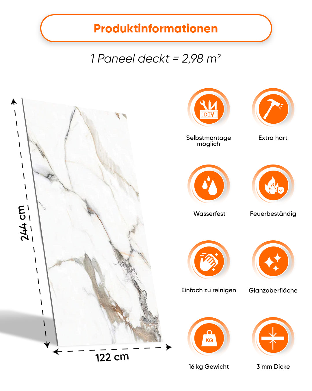 Wandpaneele Marmoroptik 122x244 cm mit Produktinformationen und Eigenschaften.