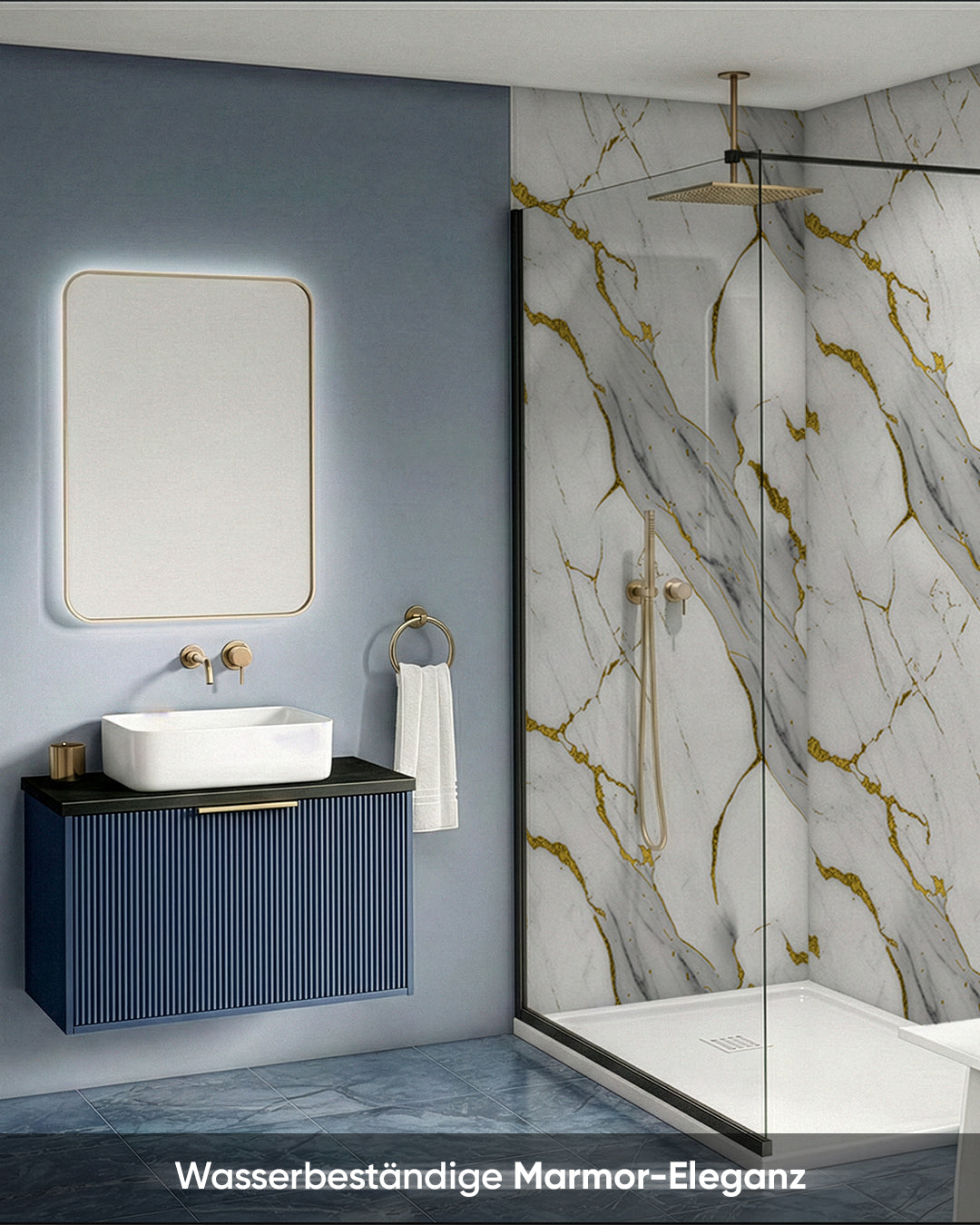 Wandpaneele Marmoroptik 122x260 cm im Badezimmer mit wasserbeständiger Marmor-Eleganz.