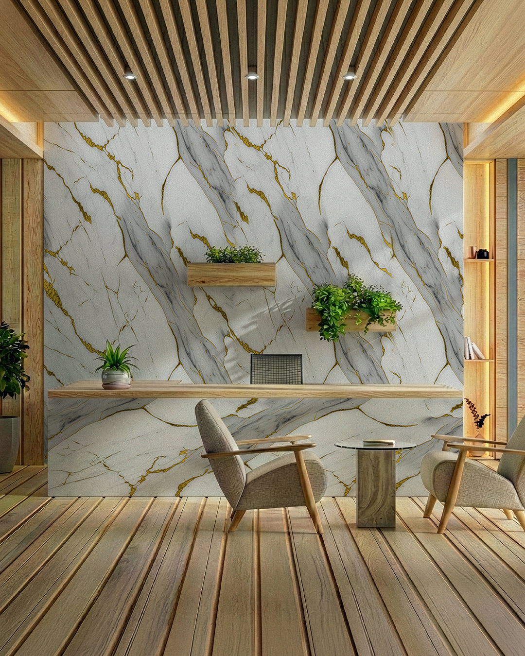 Wandpaneele Marmoroptik 122x260 cm in modernem Raumdesign mit goldenen Adern und Holzlementen.