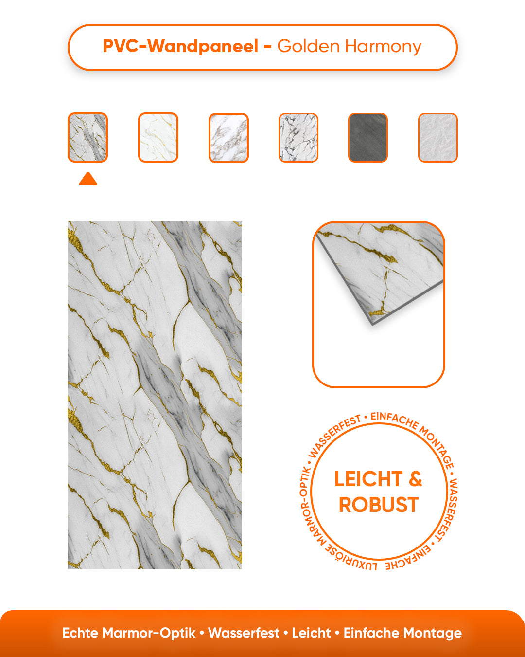 Wandpaneele Marmoroptik 122x260 cm PVC Marmor Wandverkleidung Golden Harmony in hellem Marmor mit goldenen Adern