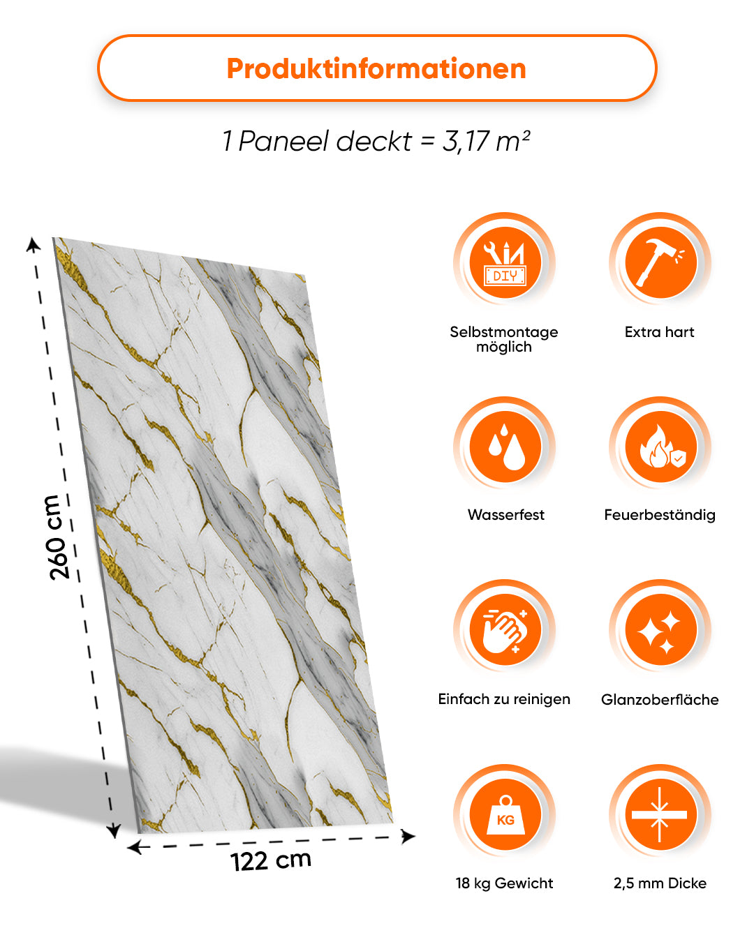 Wandpaneele Marmoroptik 122x260 cm | PVC Marmor Wandverkleidung | Golden Harmony