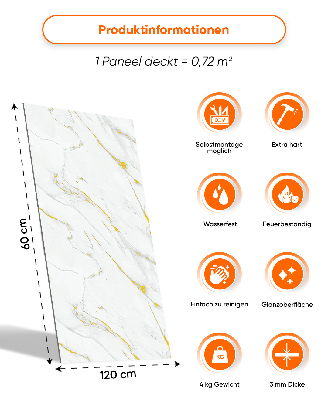 Wandpaneele Marmoroptik 60x120 cm | PVC Marmor Wandverkleidung | Golden Harmony