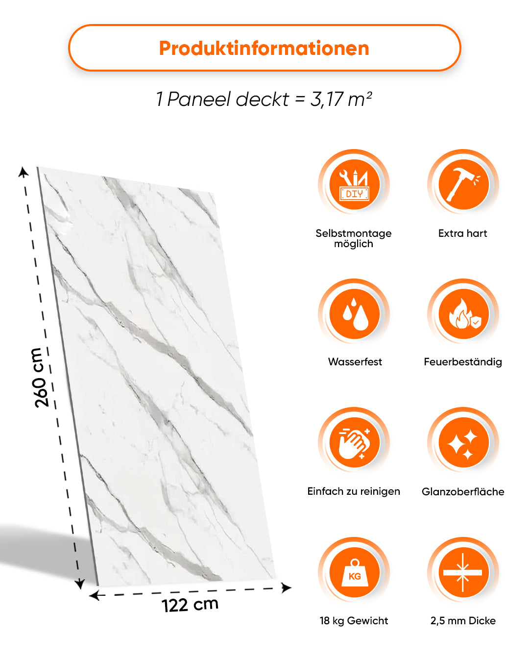 Wandpaneele Marmoroptik 122x260 cm mit wasserfestem und feuerbeständigem PVC, glänzender Oberfläche und einfacher Reinigung.