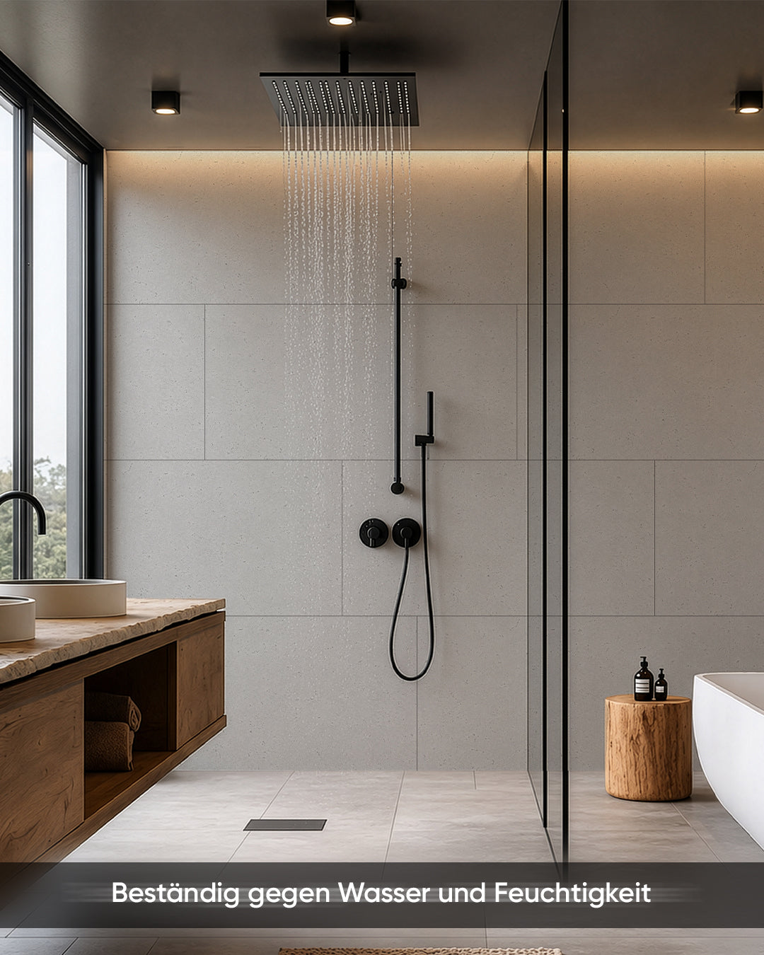 SPC Wandpaneel in modernem Badezimmer, beständig gegen Wasser und Feuchtigkeit, mit eleganter Duscharmatur.