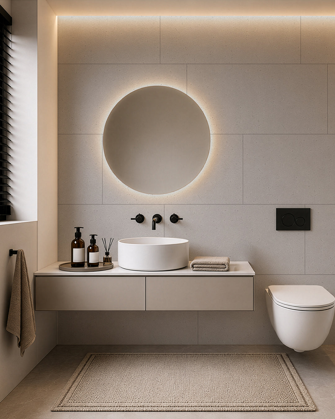 SPC Wandpaneel in modernem Badezimmer mit runder Spiegelleuchte und eleganter Ausstattung