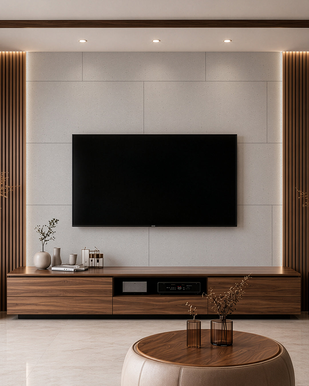 SPC Wandpaneel 60x120 cm bei modernem Wohnzimmer mit TV und Holzregal, stilvolle Wandverkleidung Infinite Elegance