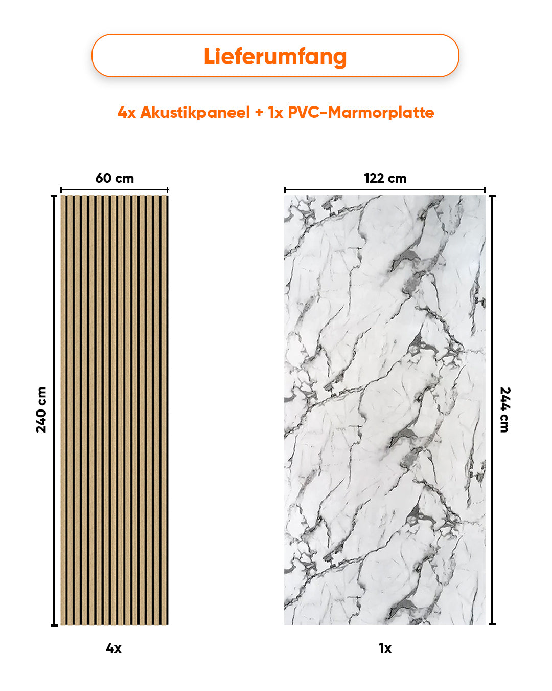 TV Wandpaneel Set – Akustik Holzpaneele (60×240 cm) + PVC Marmorpaneel Arctic Breeze (122×244 cm)