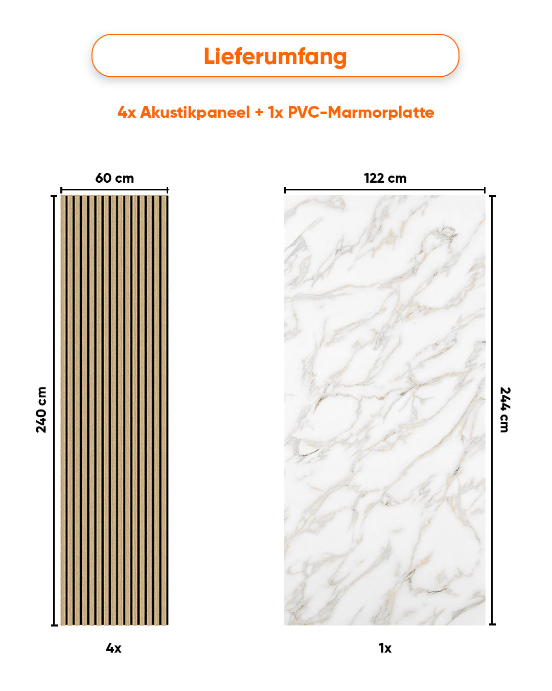 TV Wandpaneel Set – Akustik Holzpaneele (60×240 cm) + PVC Marmorpaneel Calacada (122×244 cm)