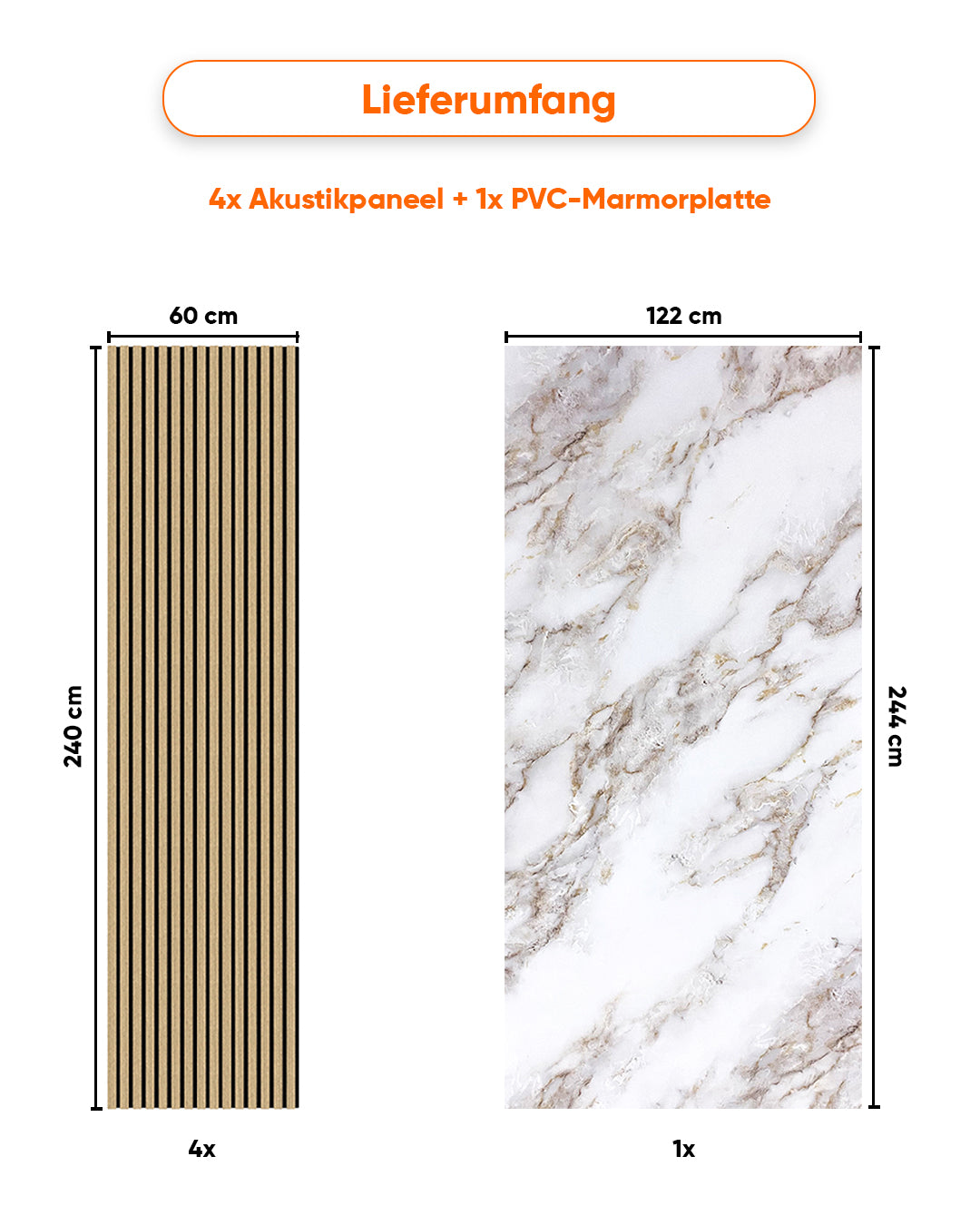 TV Wandpaneel Set – Akustik Holzpaneele (60×240 cm) + PVC Marmorpaneel Ice Berg Beige (122×244 cm)