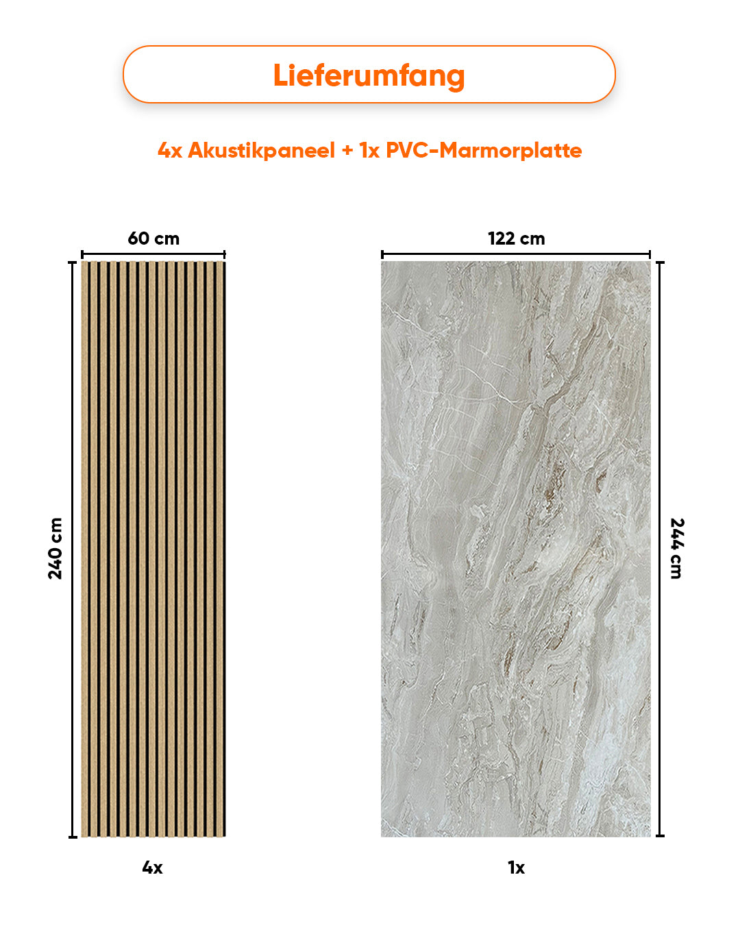 TV Wandpaneel Set – Akustik Holzpaneele (60×240 cm) + PVC Marmorpaneel Mars Bubble (122×244 cm)