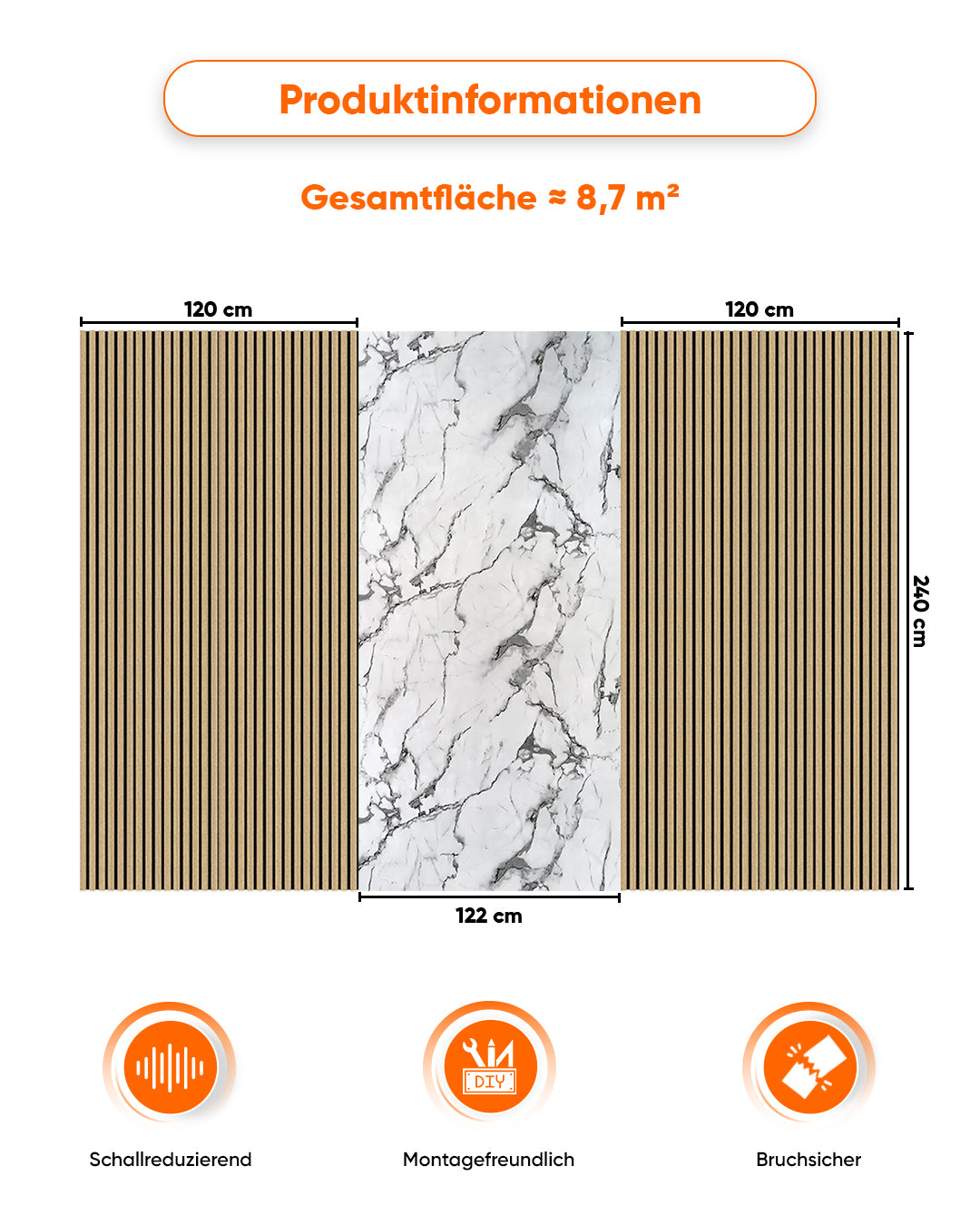 TV Wandpaneel Set – Akustik Holzpaneele (60×240 cm) + PVC Marmorpaneel Arctic Breeze (122×244 cm)