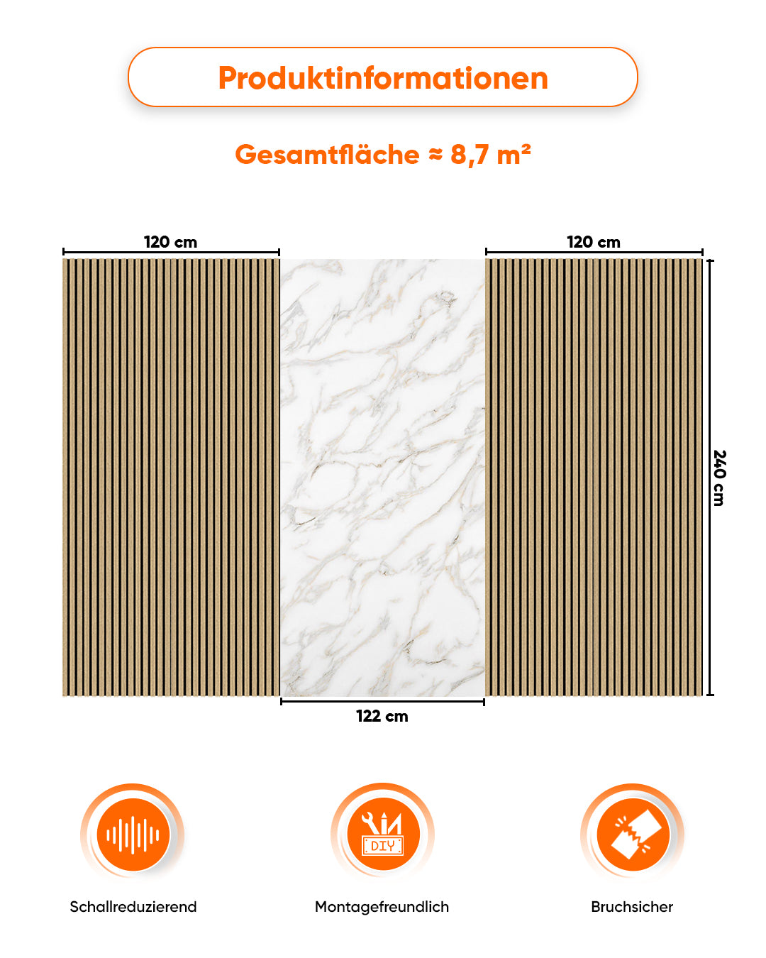 TV Wandpaneel Set – Akustik Holzpaneele (60×240 cm) + PVC Marmorpaneel Calacada (122×244 cm)