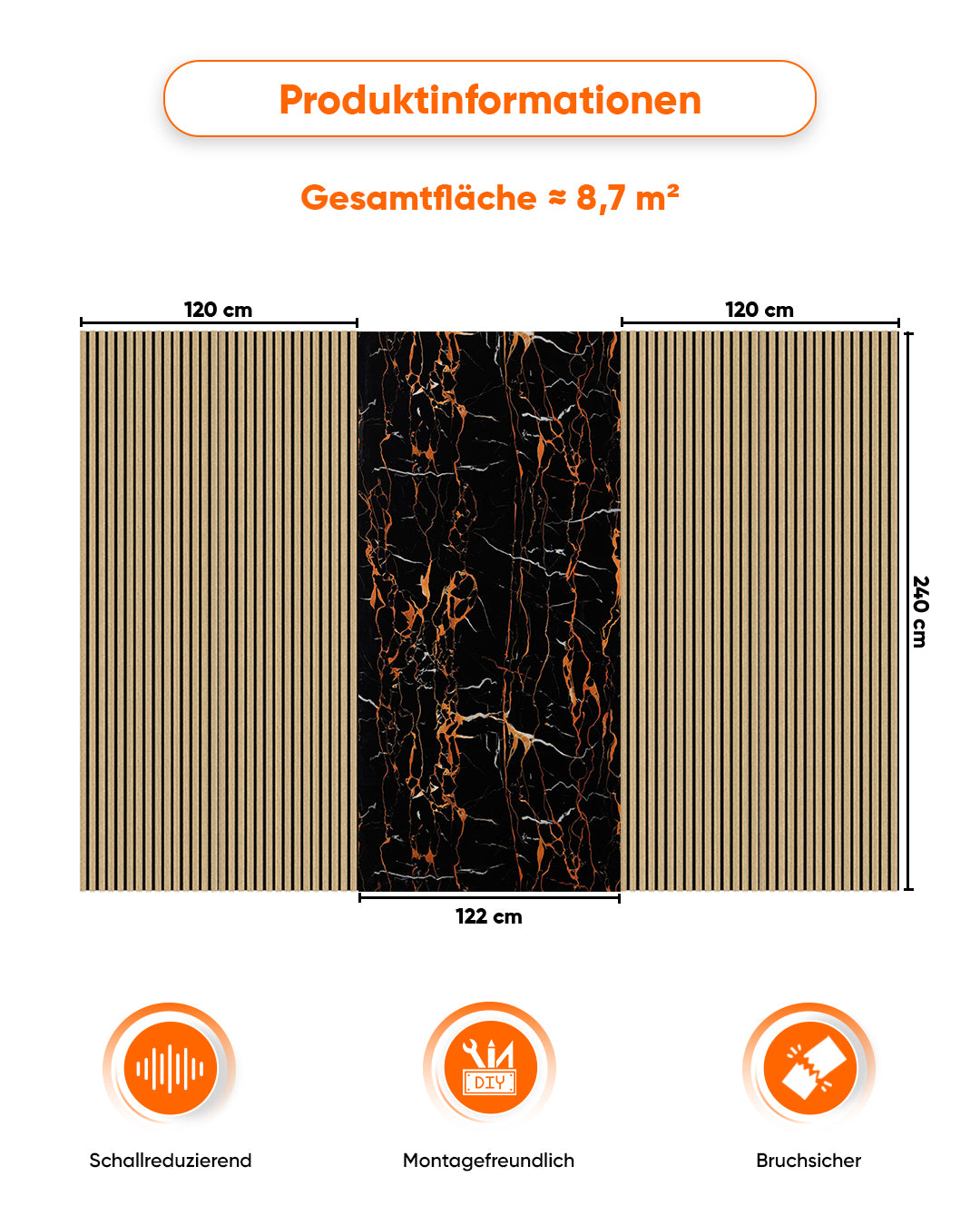 TV Wandpaneel Set – Akustik Holzpaneele (60×240 cm) + PVC Marmorpaneel Dragon (122×244 cm)