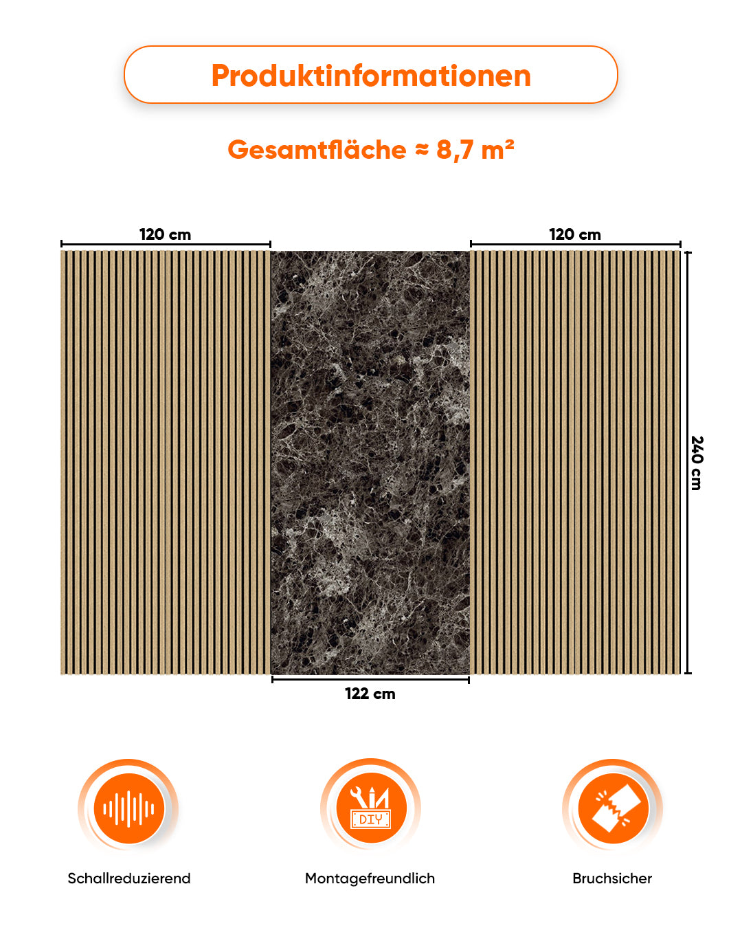 TV Wandpaneel Set – Akustik Holzpaneele (60×240 cm) + PVC Marmorpaneel Emperador Dark (122×244 cm)