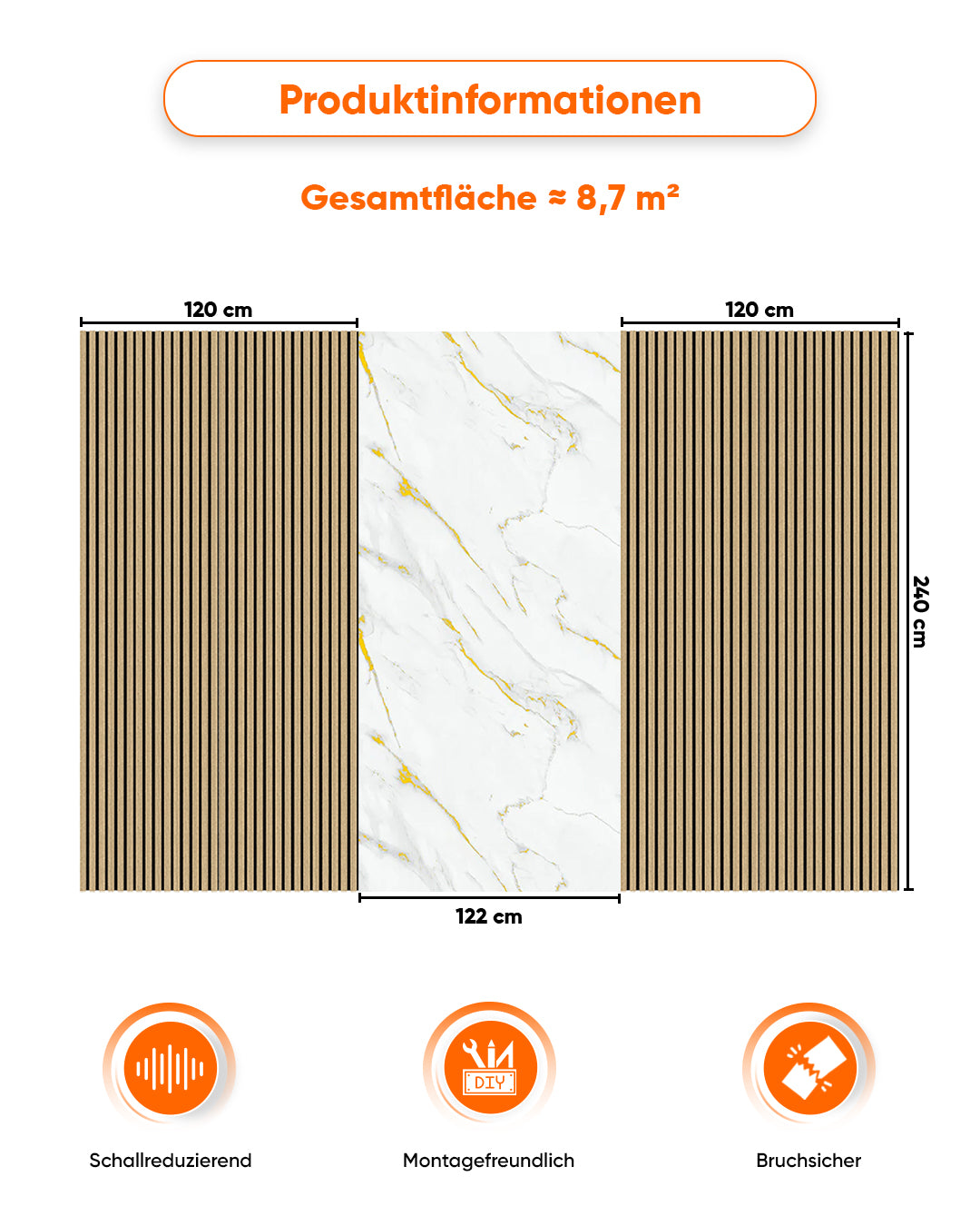 TV Wandpaneel Set – Akustik Holzpaneele (60×240 cm) + PVC Marmorpaneel Golden Harmony (122×244 cm)