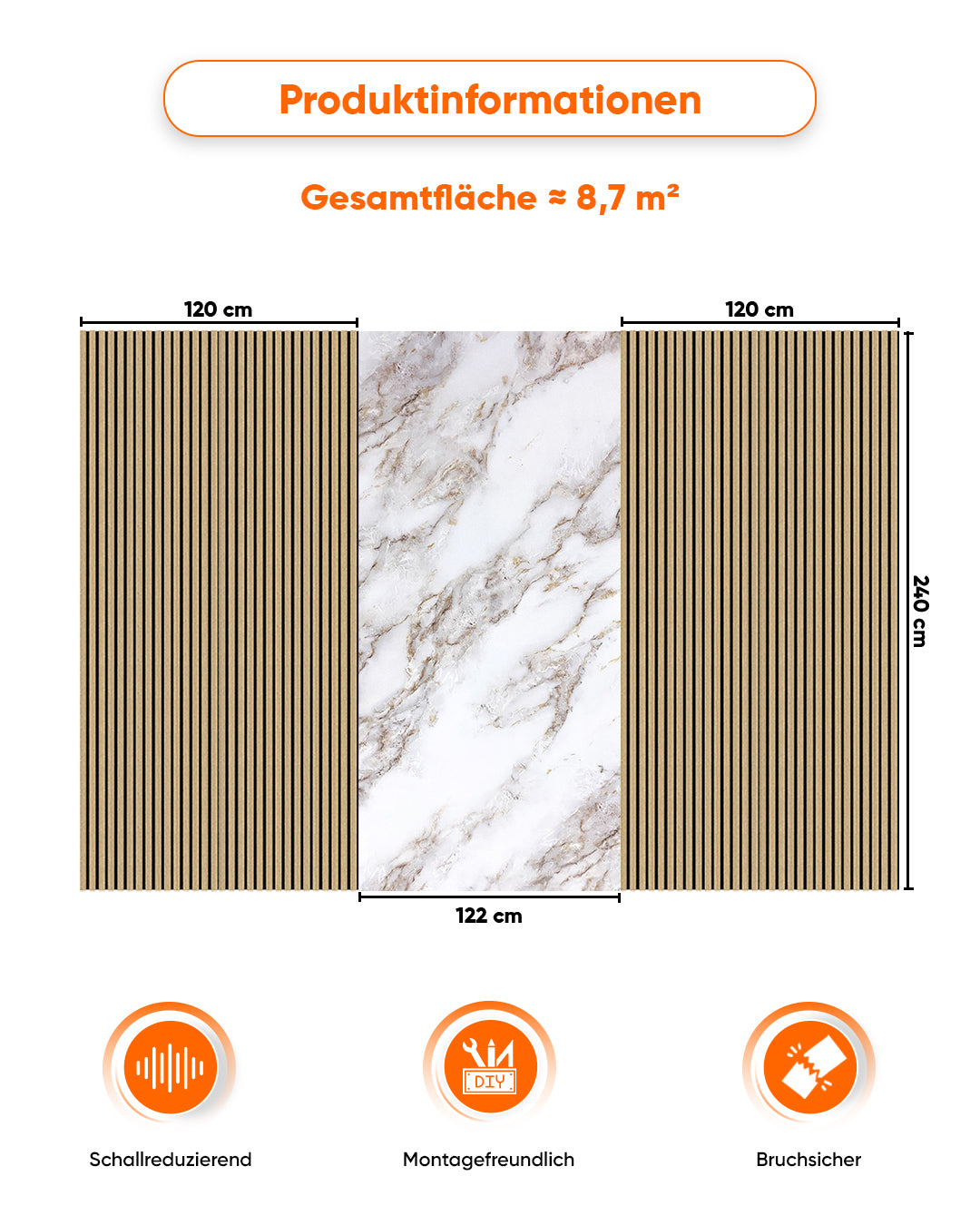 TV Wandpaneel Set – Akustik Holzpaneele (60×240 cm) + PVC Marmorpaneel Ice Berg Beige (122×244 cm)