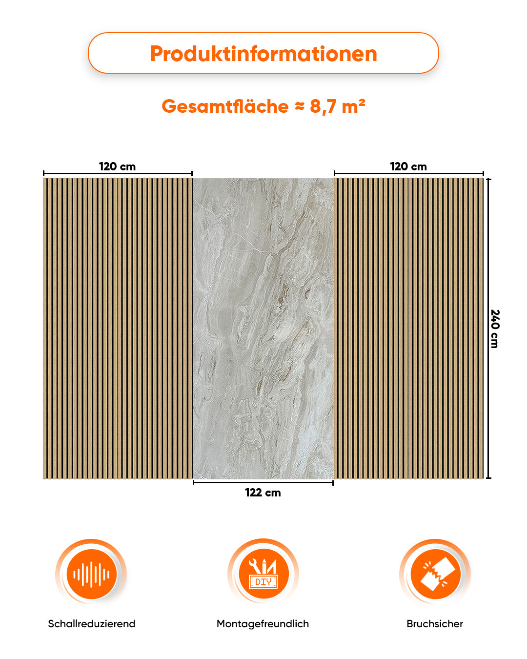 TV Wandpaneel Set – Akustik Holzpaneele (60×240 cm) + PVC Marmorpaneel Mars Bubble (122×244 cm)