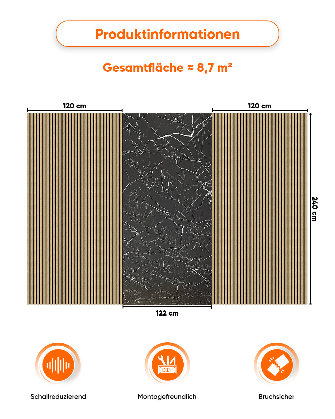 TV Wandpaneel Set – Akustik Holzpaneele (60×240 cm) + PVC Marmorpaneel Tidal Wave (122×244 cm)