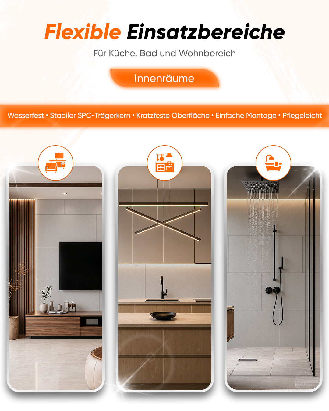 Flexible Einsatzbereiche des SPC Wandpaneels für Küche, Bad und Wohnbereich, wasserdicht und pflegeleicht.