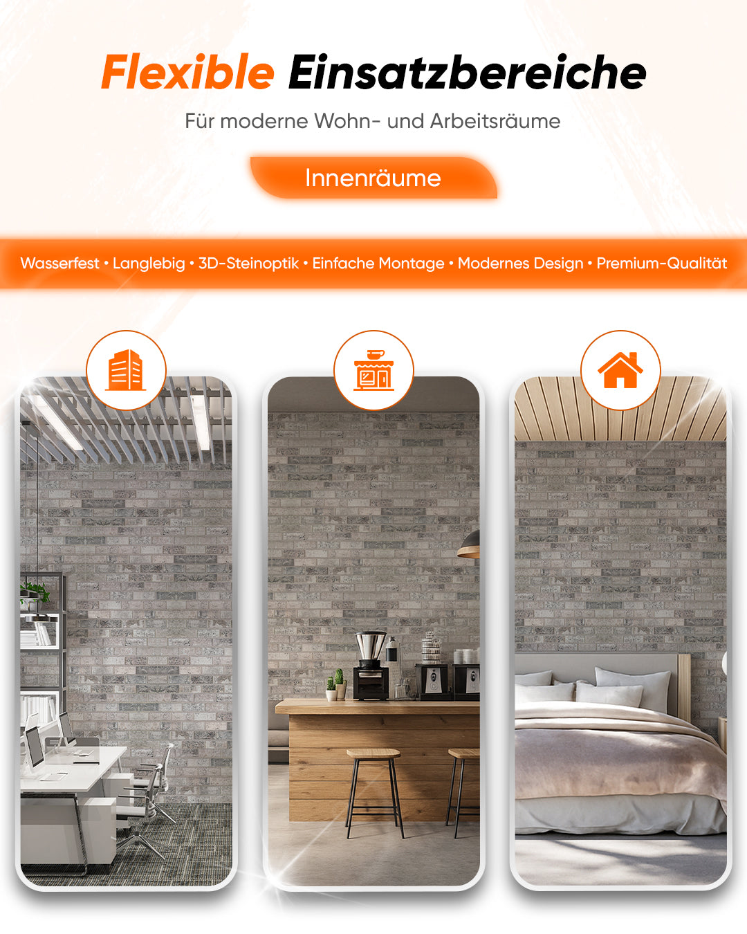 Flexible Einsatzbereiche für moderne Wohn- und Arbeitsräume mit 3D Ziegelsteinoptik Wandpaneelen.