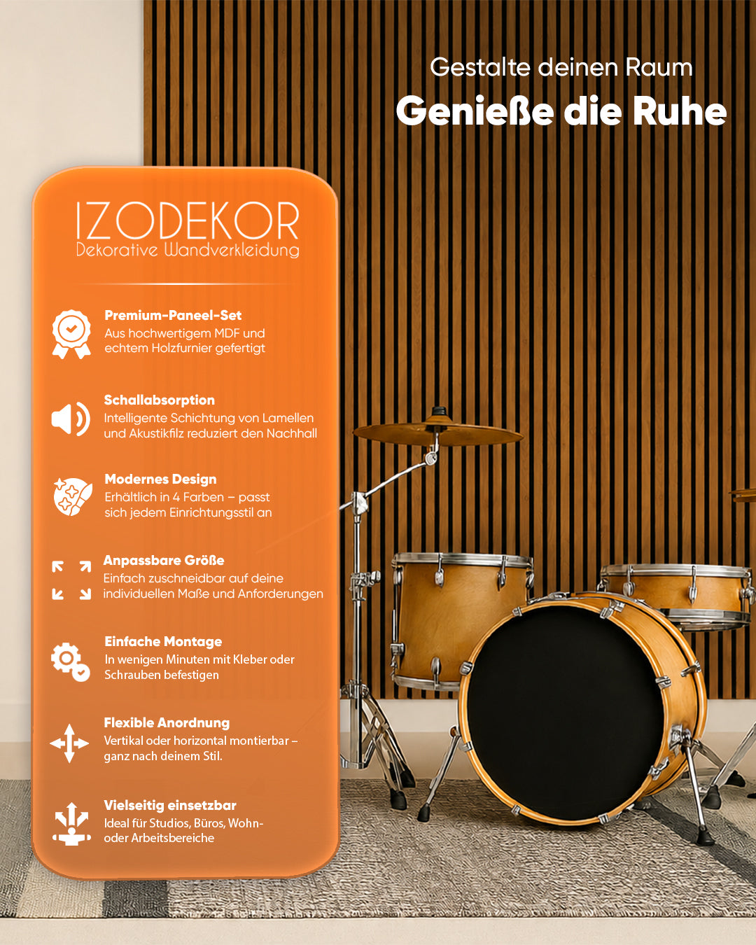 3D Akustik Panel Holz 50x240 cm 4er Set | Walnut
