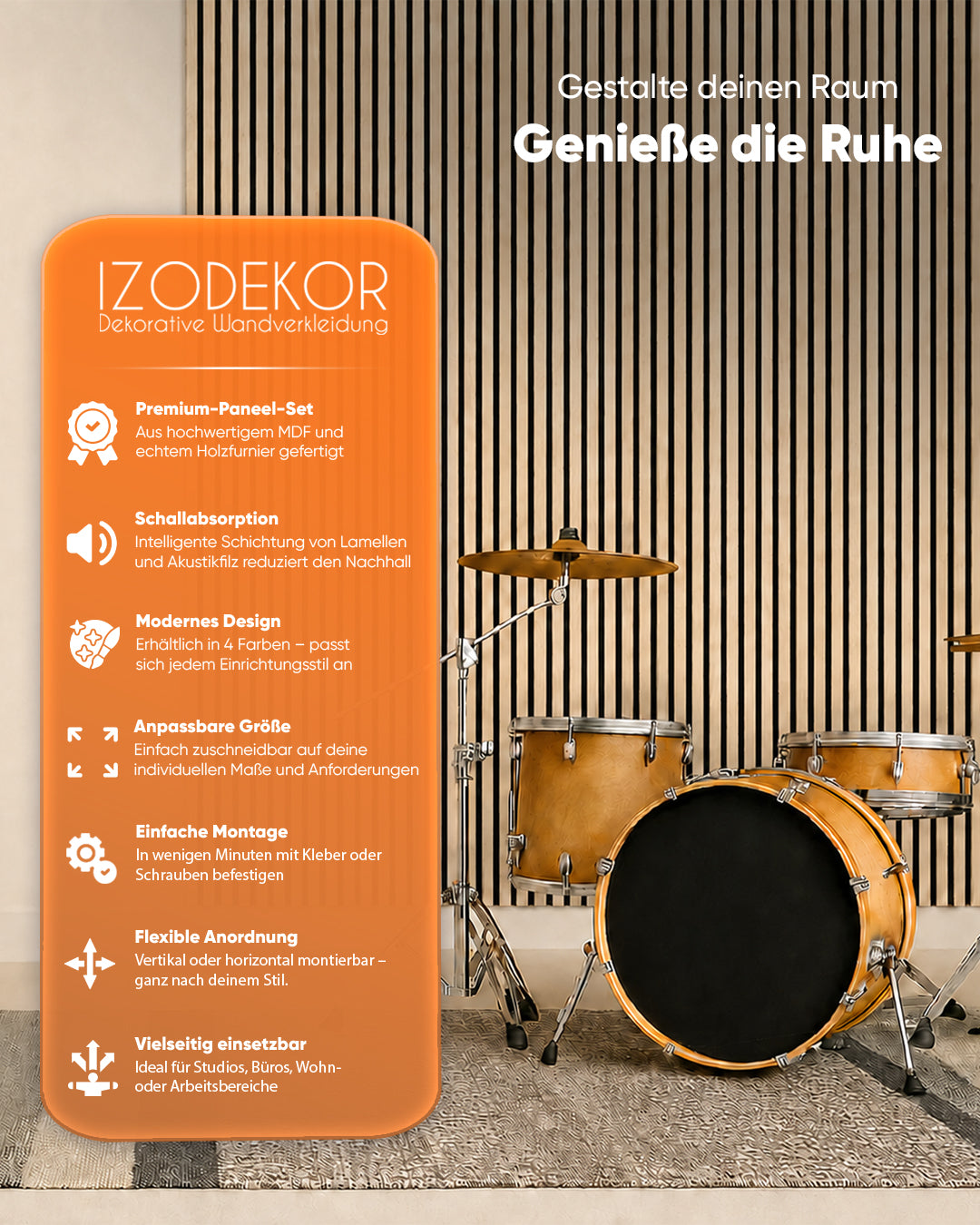 3D Akustikpaneele in Holzoptik, modernes Design mit Schallschutz, Drum-Set im Hintergrund zeigt hochwertige Wandverkleidung.